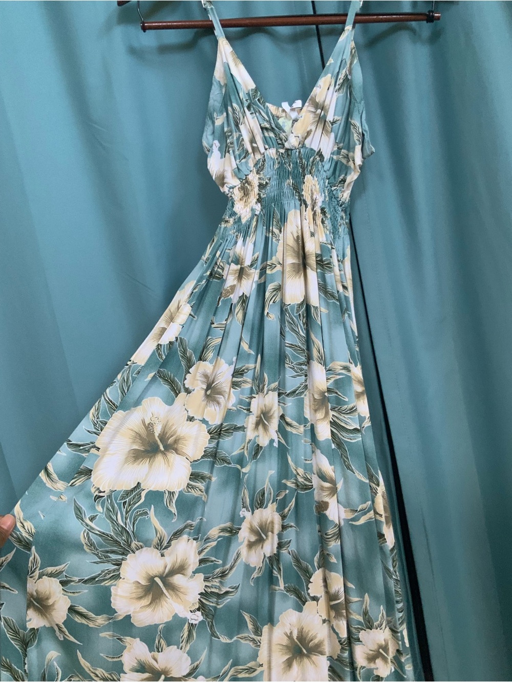 Teal Hawaiian Floral Maxi Dress with Smocked Waist